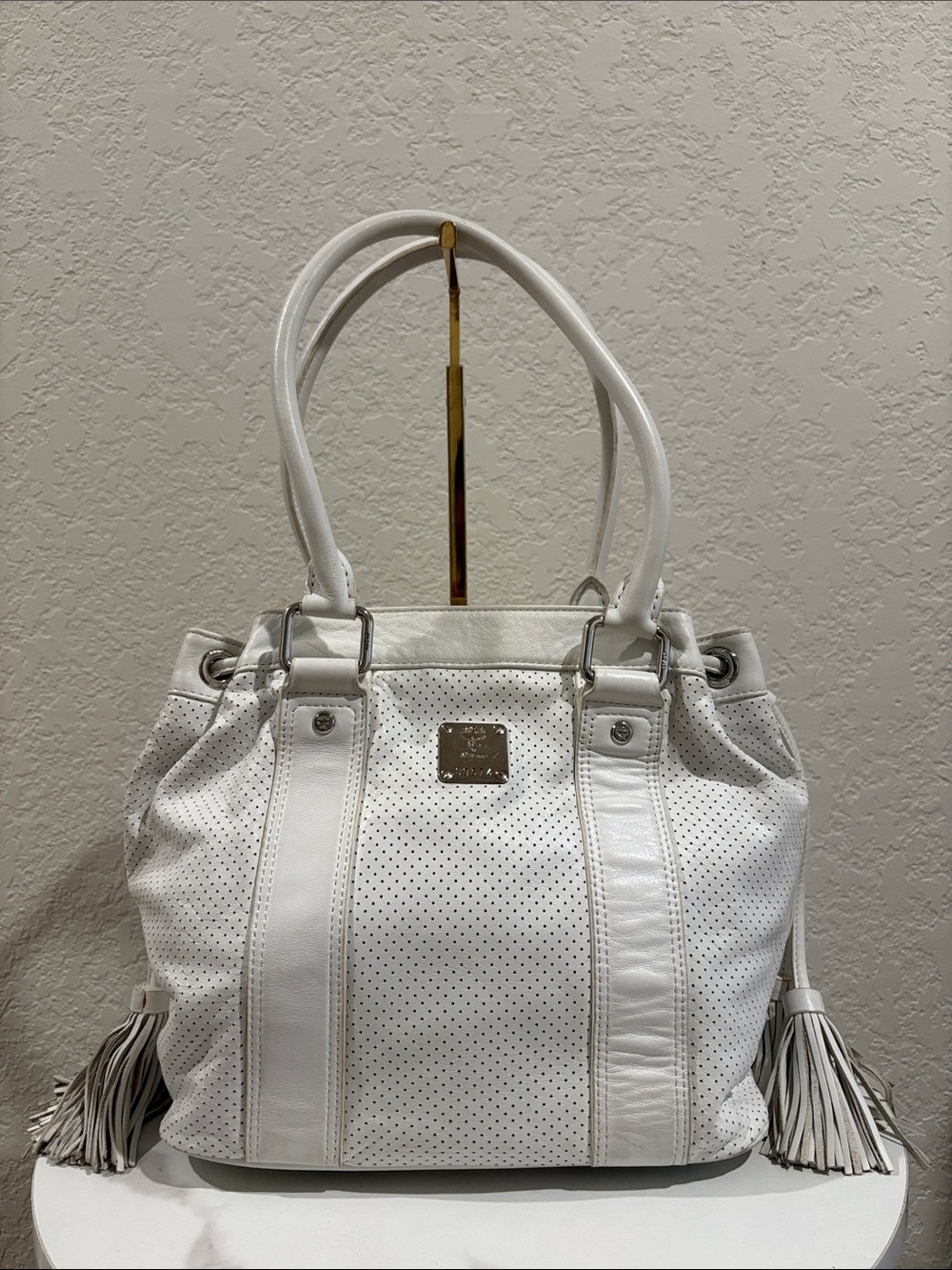 MCM White Leather Tote Bag with Tassels Made in Korea